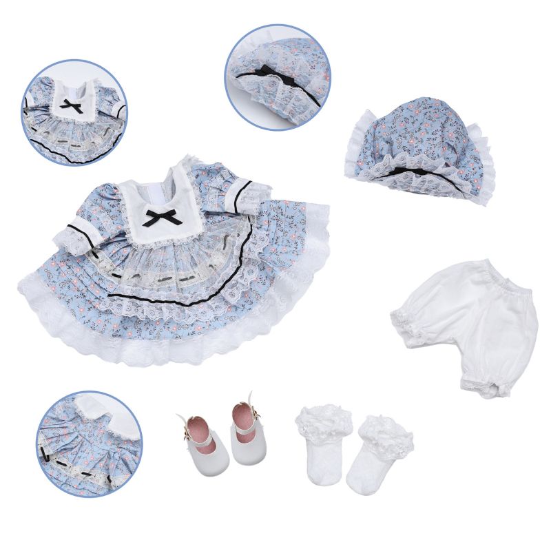18-Inch/45cm Newborn Doll Vintage Lolita Photo Prop Set: Floral Dress + Hat + Bloomers + Socks + Shoes (Light Blue/White) - Reborn Doll Australia