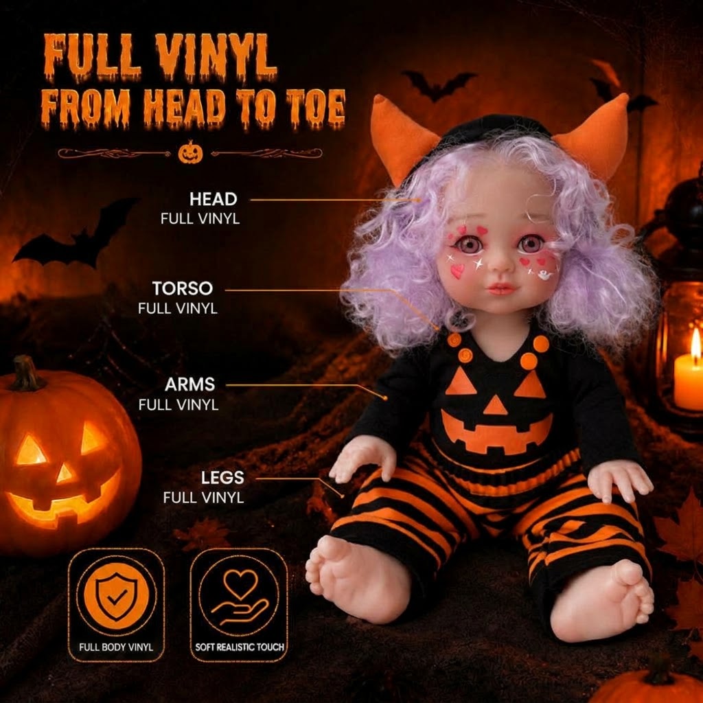 16 Inch Halloween Little Monster Reborn Doll Purple Curly Hair Open Eyes Full Vinyl Body