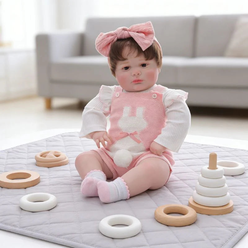 26 Zoll / 65 cm realistische Vinyl-Babypuppe im rosa Outfit mit Schleifen-Stirnband – handbemalte Sammlerpuppe mit braunen Augen