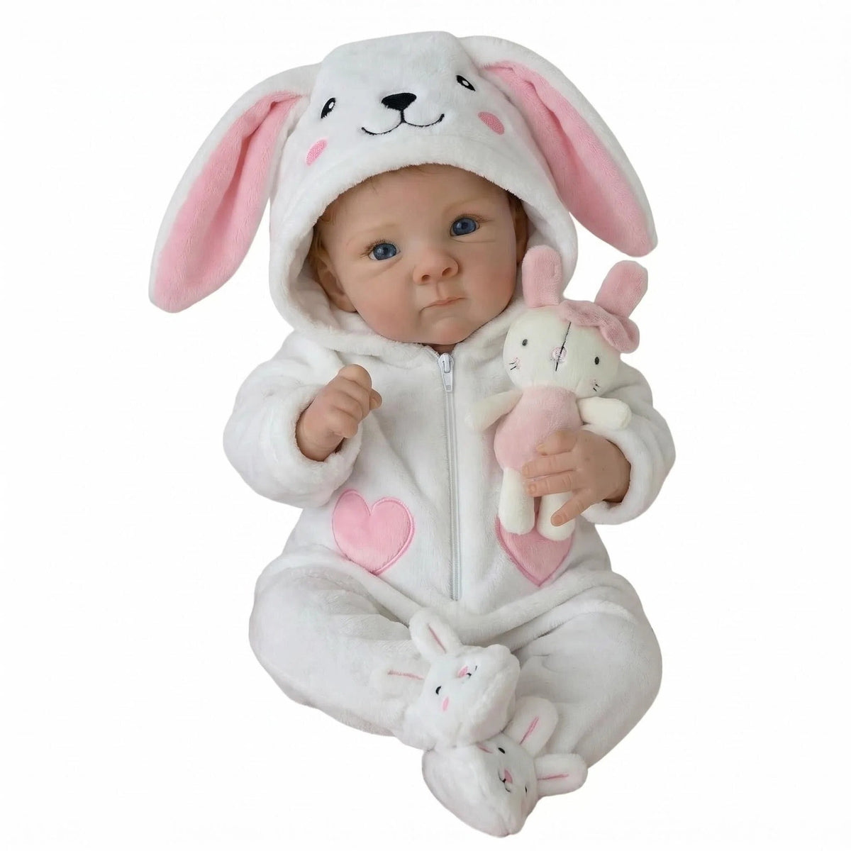 Babypuppen 18 Zoll 45 cm, realistische Neugeborenen-Puppe mit weichem Stoffkörper und süßem Lächeln, weißes Häschen-Set, Reborn-Puppen für Kinder ab 3 Jahren