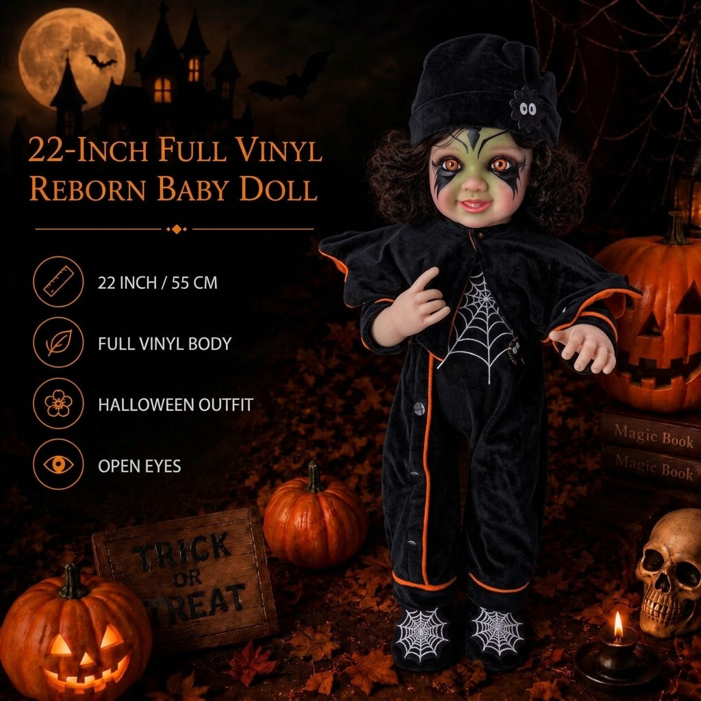 22 inch Halloween simulation vinyl rebirth doll brown curly hair spider web jumpsuit black cloak gift box toy