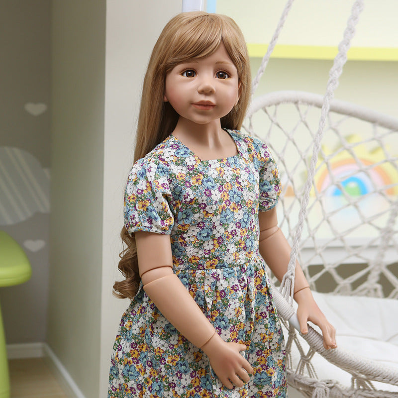 119 cm große stehende Reborn-Kleinkindpuppe mit Ganzkörper-Vinyl, buntem Kleid mit Blümchenmuster, Kurzarm und braunen Sandalen, perfektes Geschenk für Geburtstag, Weihnachten und Ostern, Begleitspielzeug für Kinder und erwachsene Sammler