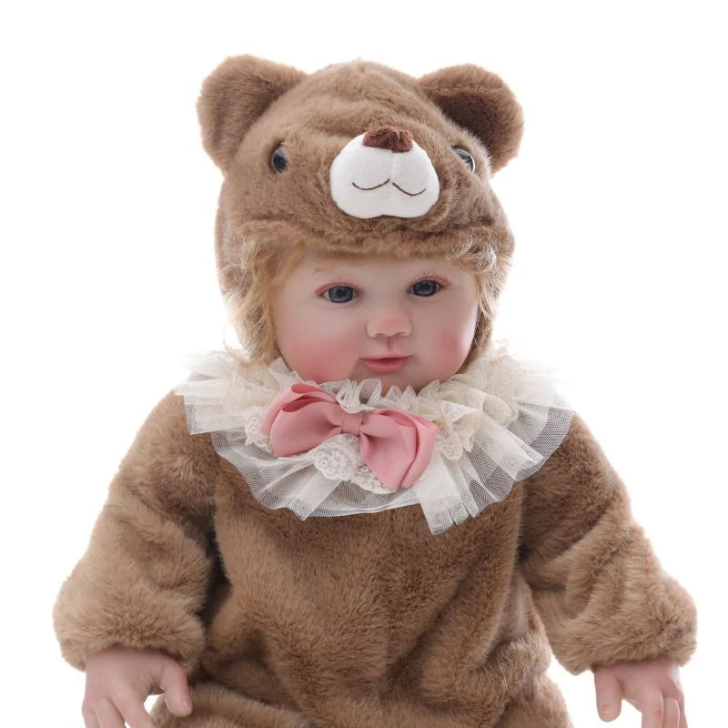 28-Zoll/70 cm große, realistische Vinyl-Babypuppe im braunen Plüschbären-Anzug – handbemaltes Sammlerstück mit blauen Acrylaugen