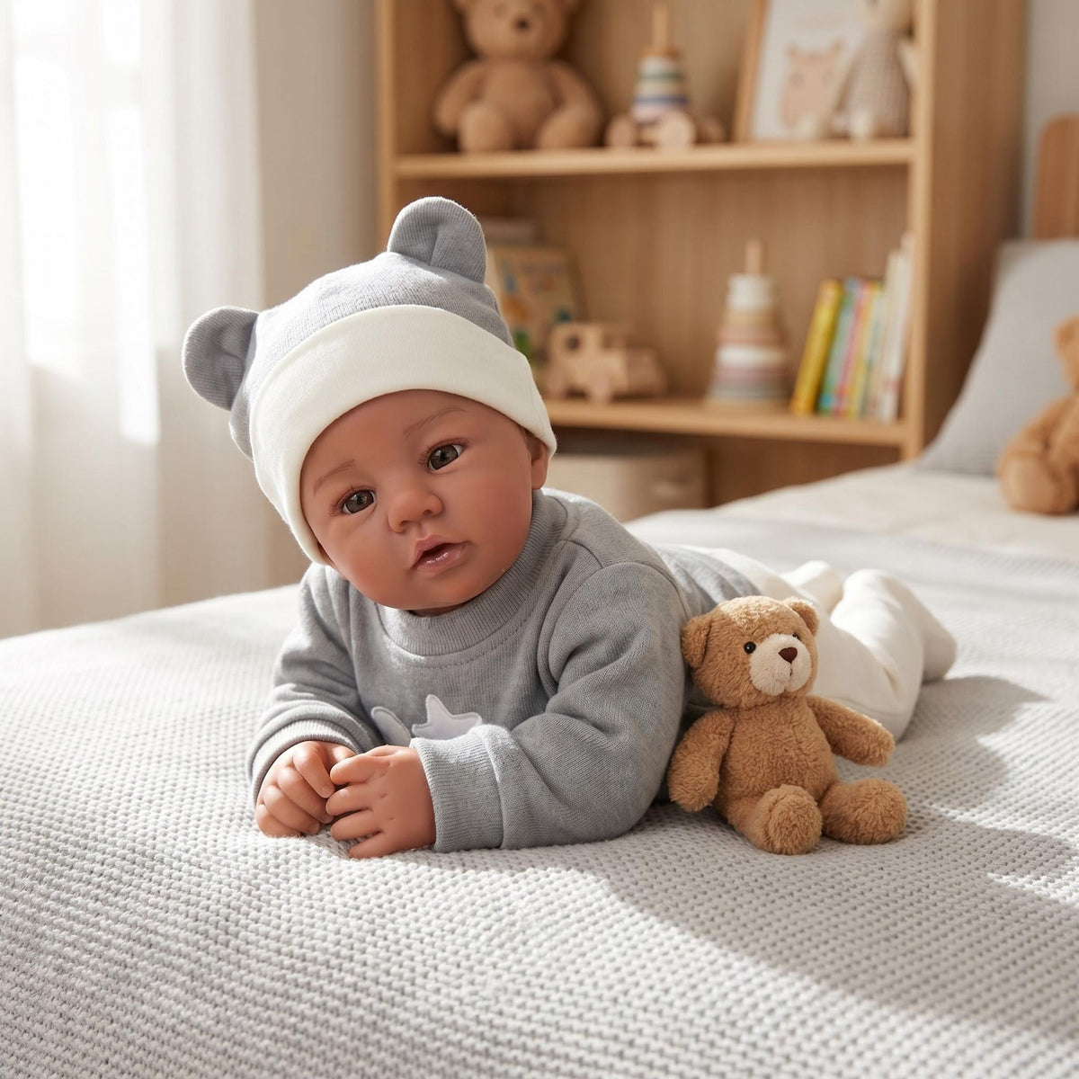 19 Zoll lebensechte Reborn-Puppe Abigail, dunkler Hautton, weicher Stoffkörper, kuschelig, 3D-bemalte Haut, sichtbare Adern, Sammlerpuppe
