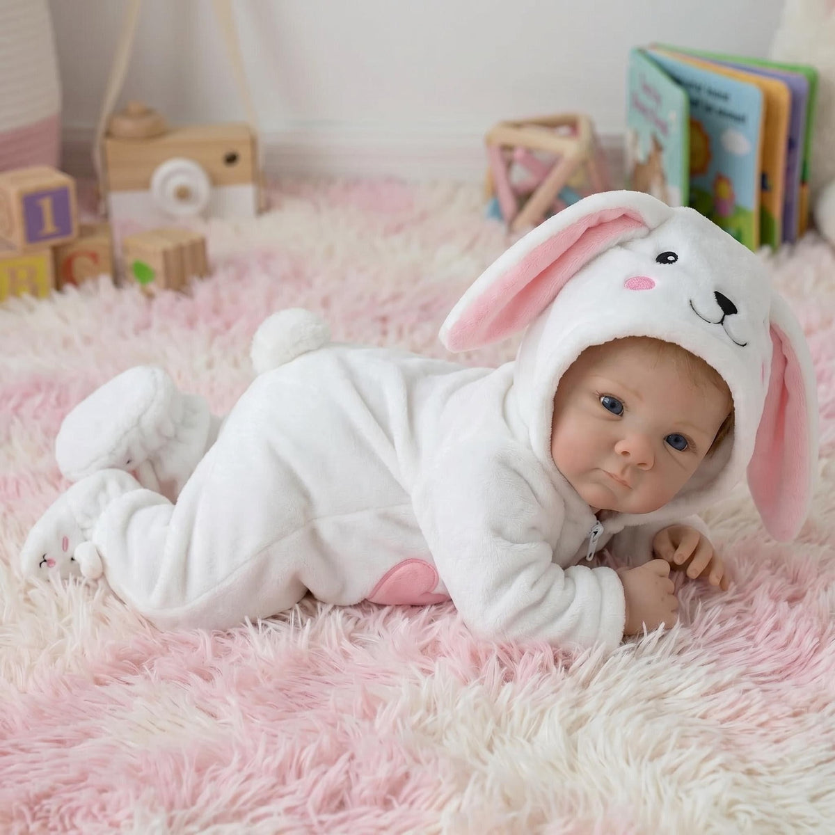 Babypuppen 18 Zoll 45 cm, realistische Neugeborenen-Puppe mit weichem Stoffkörper und süßem Lächeln, weißes Häschen-Set, Reborn-Puppen für Kinder ab 3 Jahren