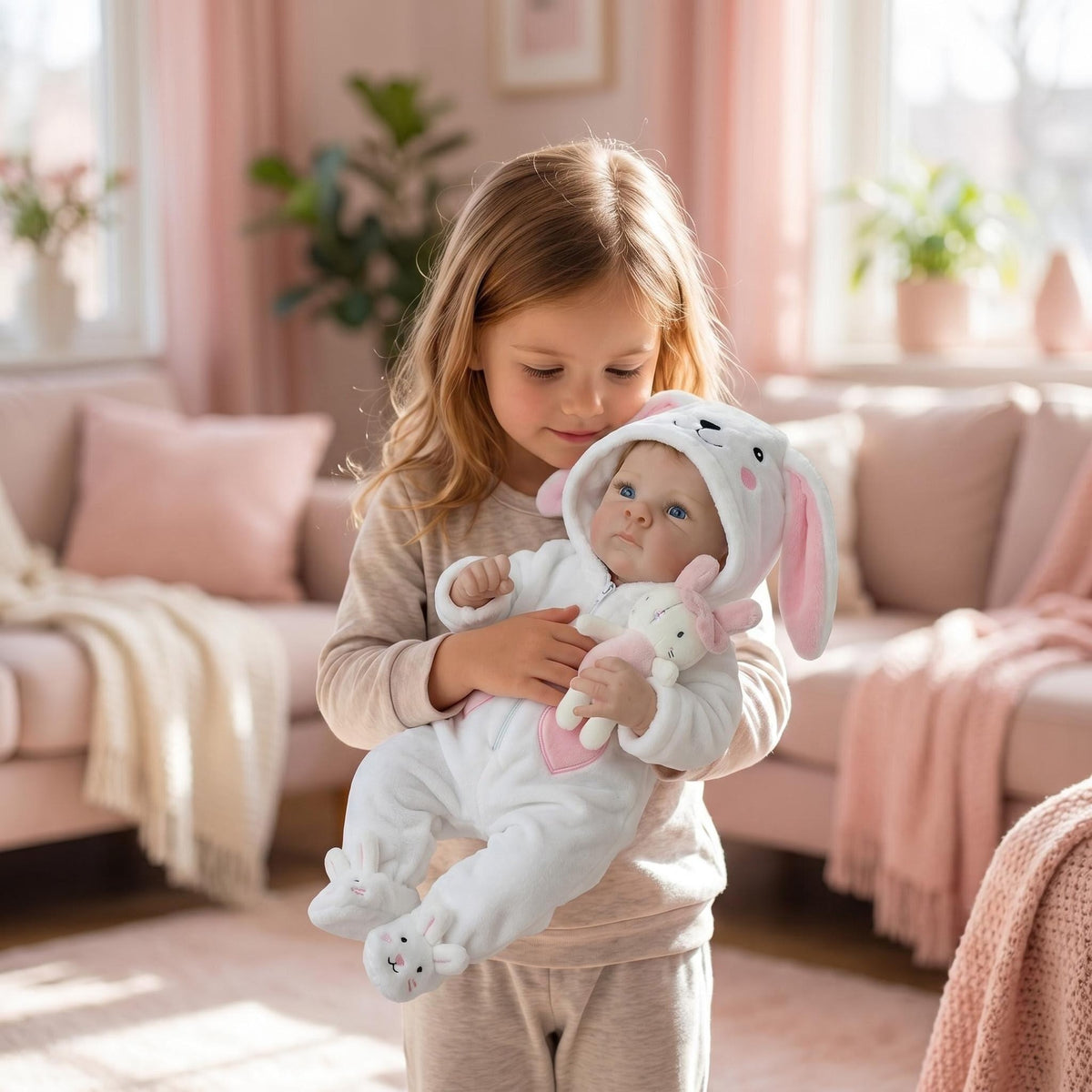 Babypuppen 18 Zoll 45 cm, realistische Neugeborenen-Puppe mit weichem Stoffkörper und süßem Lächeln, weißes Häschen-Set, Reborn-Puppen für Kinder ab 3 Jahren