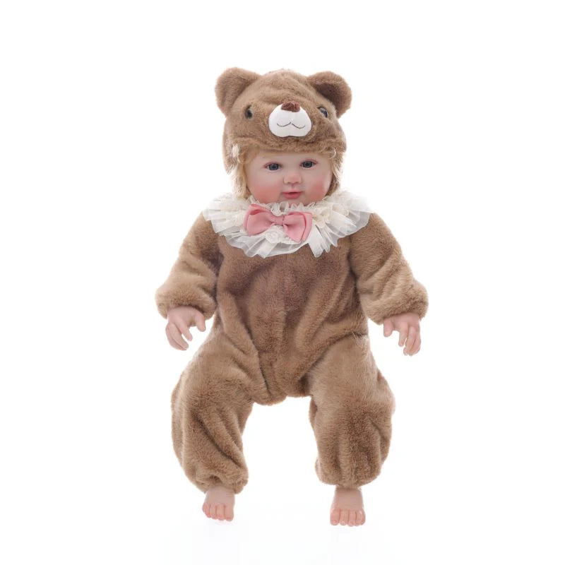 28-Zoll/70 cm große, realistische Vinyl-Babypuppe im braunen Plüschbären-Anzug – handbemaltes Sammlerstück mit blauen Acrylaugen