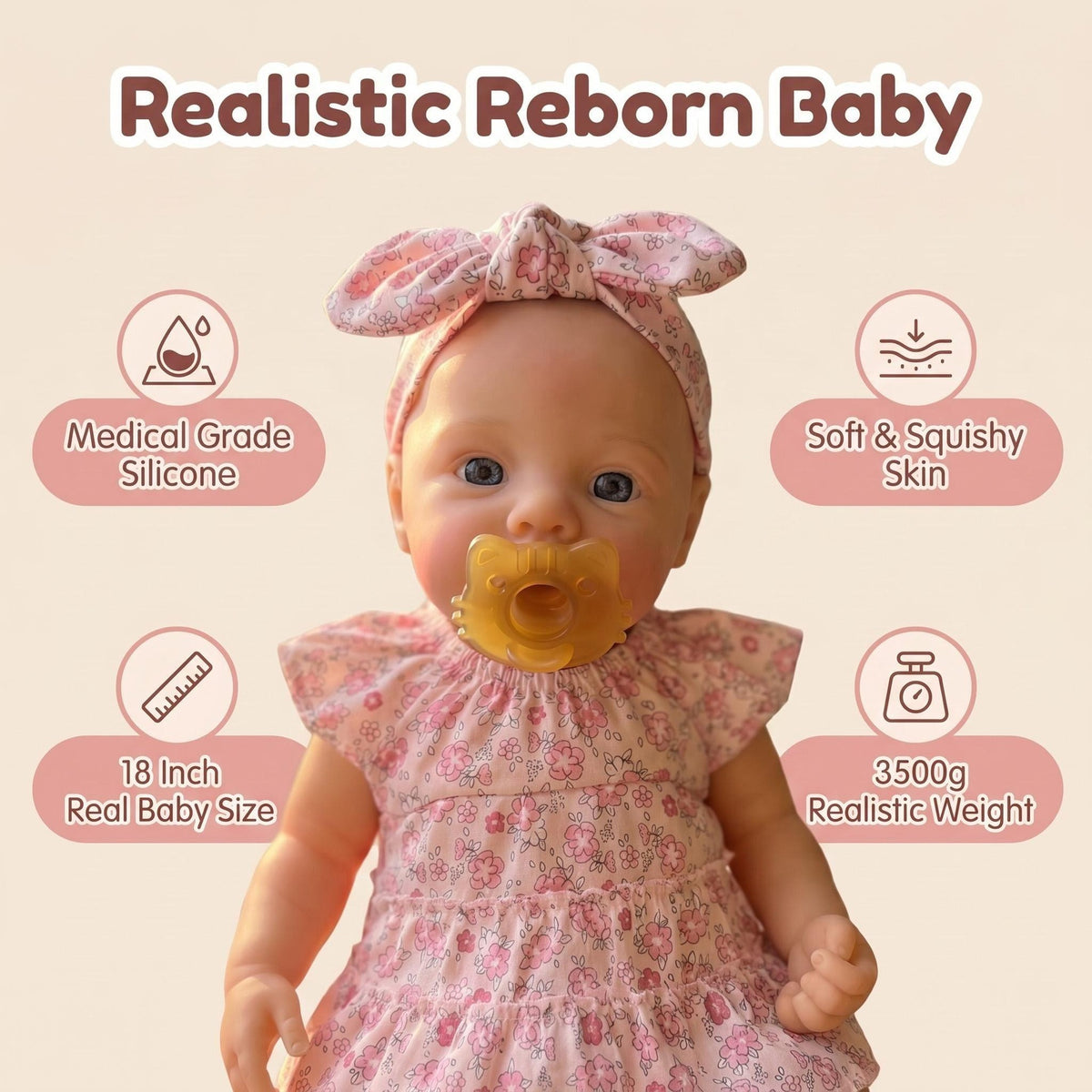 Reborn-Babypuppe 18 Zoll – Realistisches Neugeborenes Mädchen, weicher Ganzkörper aus Silikon – Süße, lebensechte Puppe für Kinder ab 3 Jahren