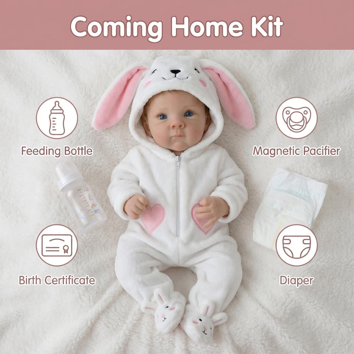 Babypuppen 18 Zoll 45 cm, realistische Neugeborenen-Puppe mit weichem Stoffkörper und süßem Lächeln, weißes Häschen-Set, Reborn-Puppen für Kinder ab 3 Jahren