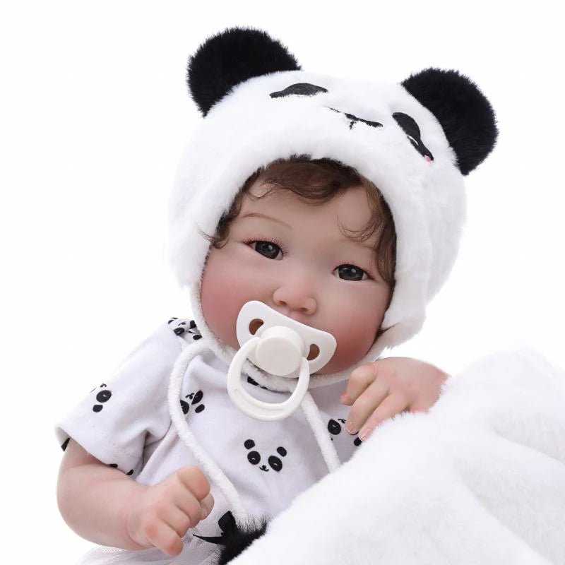 22-Inch/55cm Full-Body Vinyl Simulation Doll | Hand-Painted Makeup & Articulated Joints | Panda-Themed Plush Outfit - Reborn Doll Australia