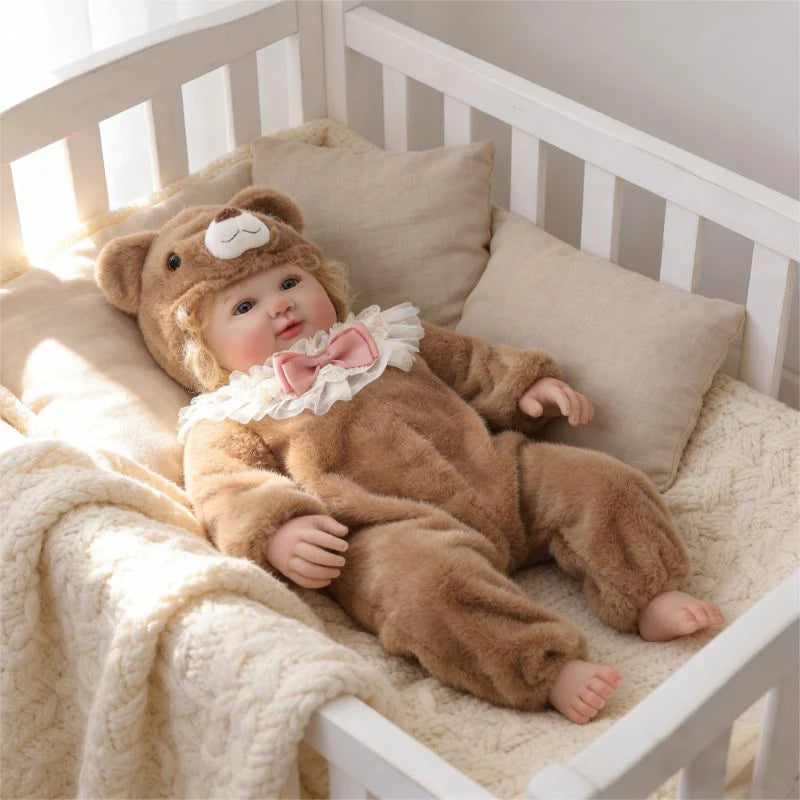 28-Zoll/70 cm große, realistische Vinyl-Babypuppe im braunen Plüschbären-Anzug – handbemaltes Sammlerstück mit blauen Acrylaugen