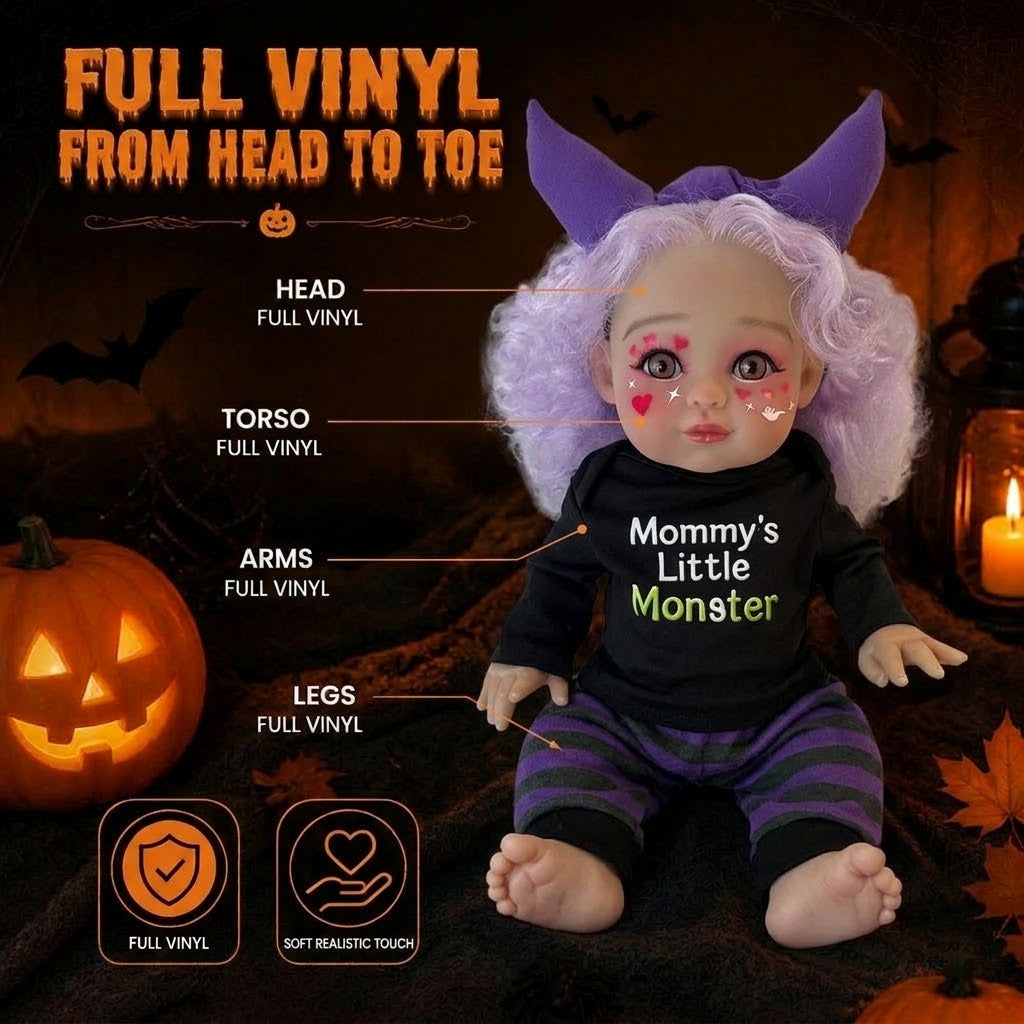 16 inch Halloween simulation reborn doll light purple curly hair love makeup devil horn hairband purple and black striped pants