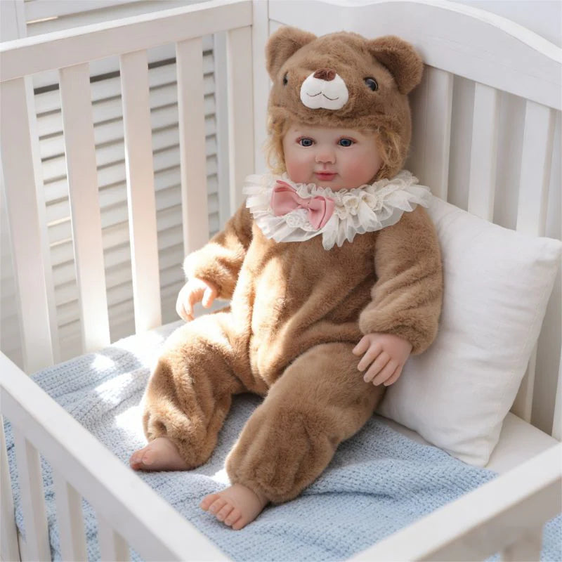 28-Zoll/70 cm große, realistische Vinyl-Babypuppe im braunen Plüschbären-Anzug – handbemaltes Sammlerstück mit blauen Acrylaugen