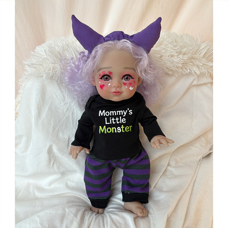 16 inch Halloween simulation reborn doll light purple curly hair love makeup devil horn hairband purple and black striped pants