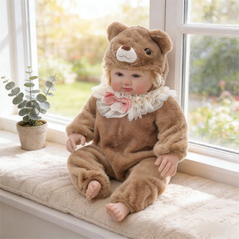 28-Zoll/70 cm große, realistische Vinyl-Babypuppe im braunen Plüschbären-Anzug – handbemaltes Sammlerstück mit blauen Acrylaugen