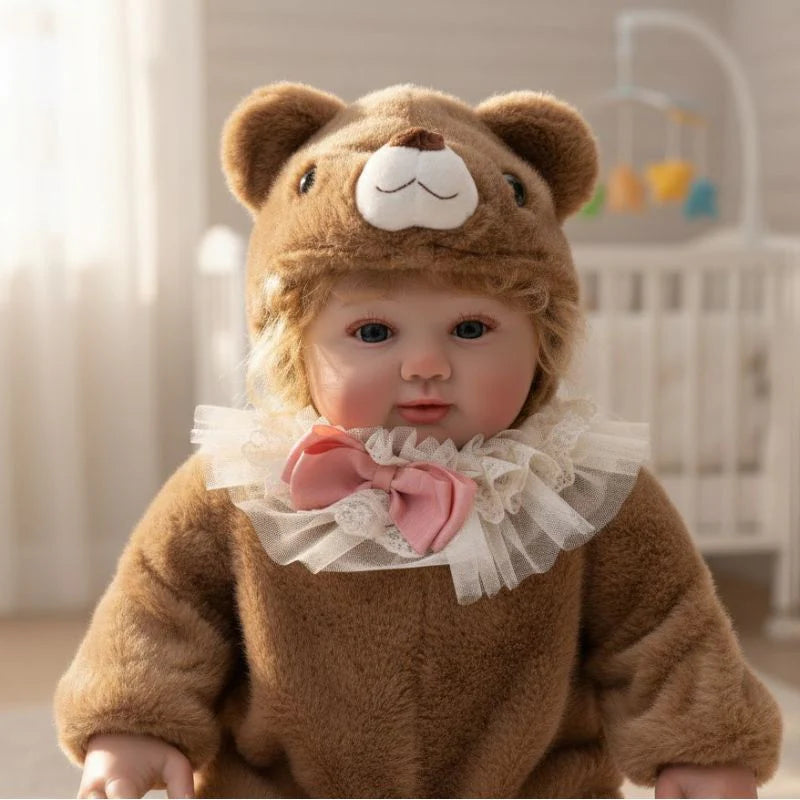 28-Zoll/70 cm große, realistische Vinyl-Babypuppe im braunen Plüschbären-Anzug – handbemaltes Sammlerstück mit blauen Acrylaugen