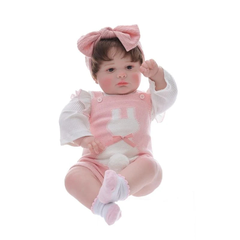 26 Zoll / 65 cm realistische Vinyl-Babypuppe im rosa Outfit mit Schleifen-Stirnband – handbemalte Sammlerpuppe mit braunen Augen