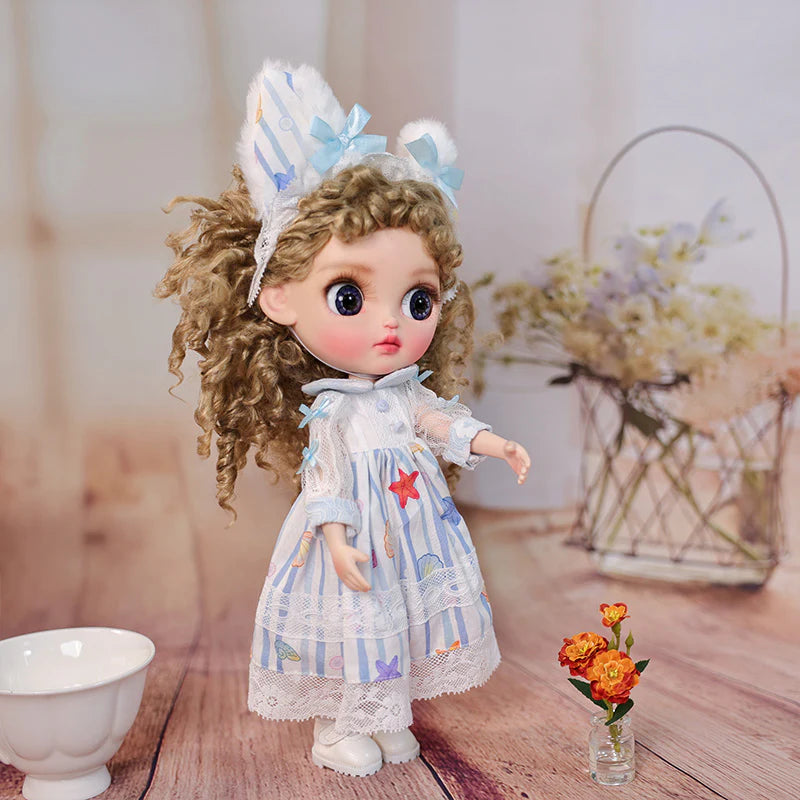 12-inch/30cm Big Eyes Porcelain Doll With Blue and White Dress - Reborn Doll Australia