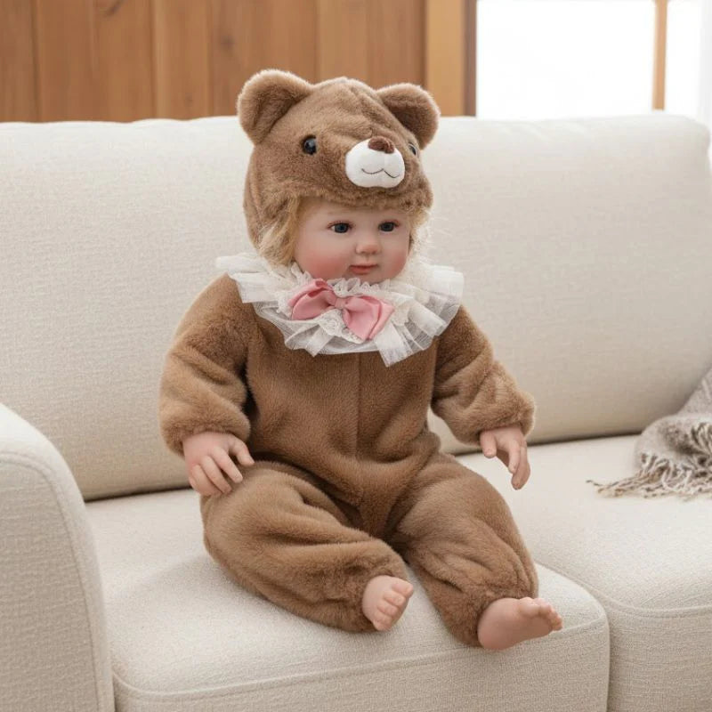 28-Zoll/70 cm große, realistische Vinyl-Babypuppe im braunen Plüschbären-Anzug – handbemaltes Sammlerstück mit blauen Acrylaugen