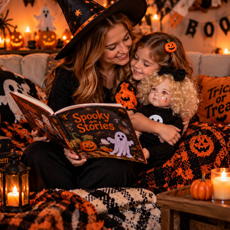 20 inch Halloween simulation Full vinyl Body Reborn Doll with golden curly hair, ghost print, black bow, gift box toy