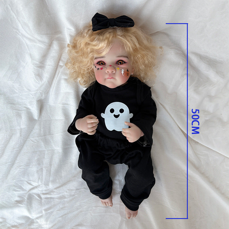 20 inch Halloween simulation Full vinyl Body Reborn Doll with golden curly hair, ghost print, black bow, gift box toy