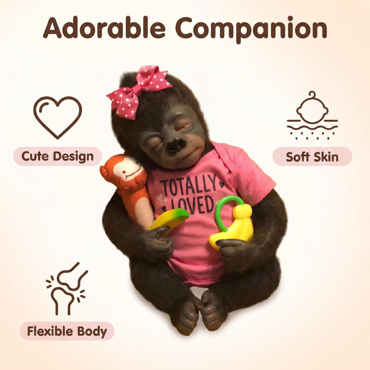 Realistische 45 cm Reborn-Affenpuppe im Tier-Design mit Stoffkörper, geschlossenen Augen und fellartiger Haut