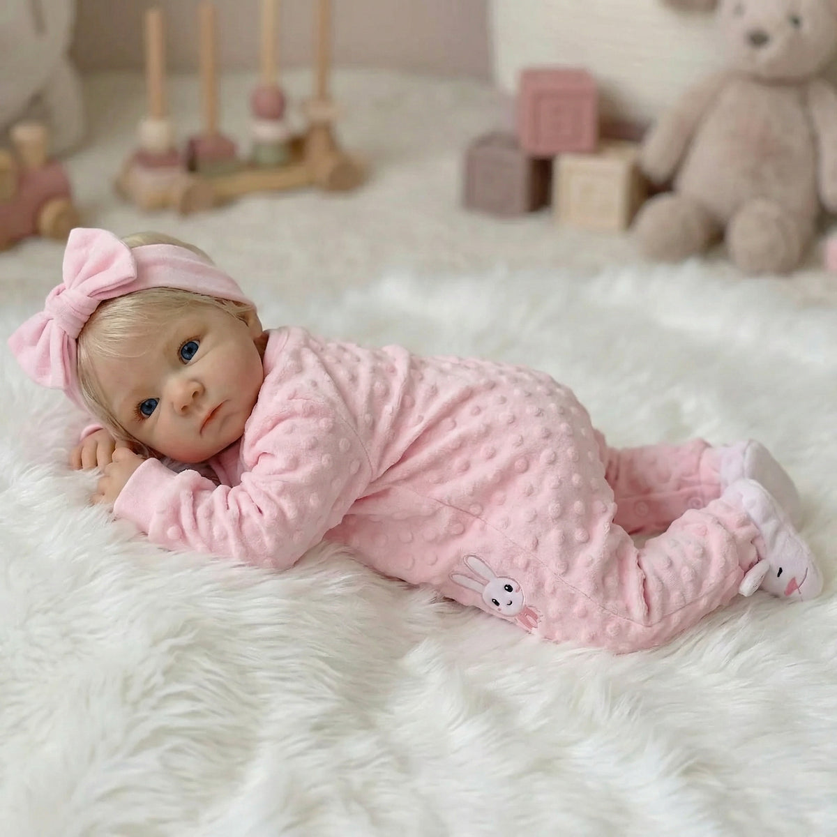 18-Zoll-Reborn-Puppe Bettie aus Vollvinyl im rosa Hasen-Strampler