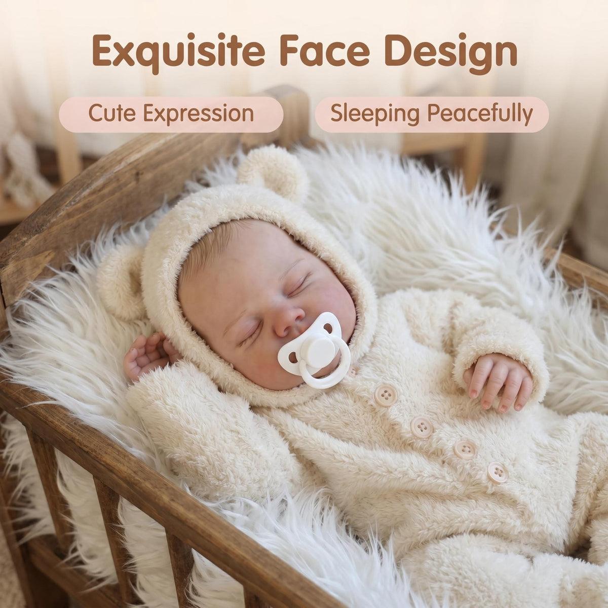 Lebensechte schlafende Babypuppe, 48 cm, mit Stoffkörper, Strampler mit Bärenkapuze, Begleitspielzeug für Babyfotoshootings und als Geschenk für jeden Anlass