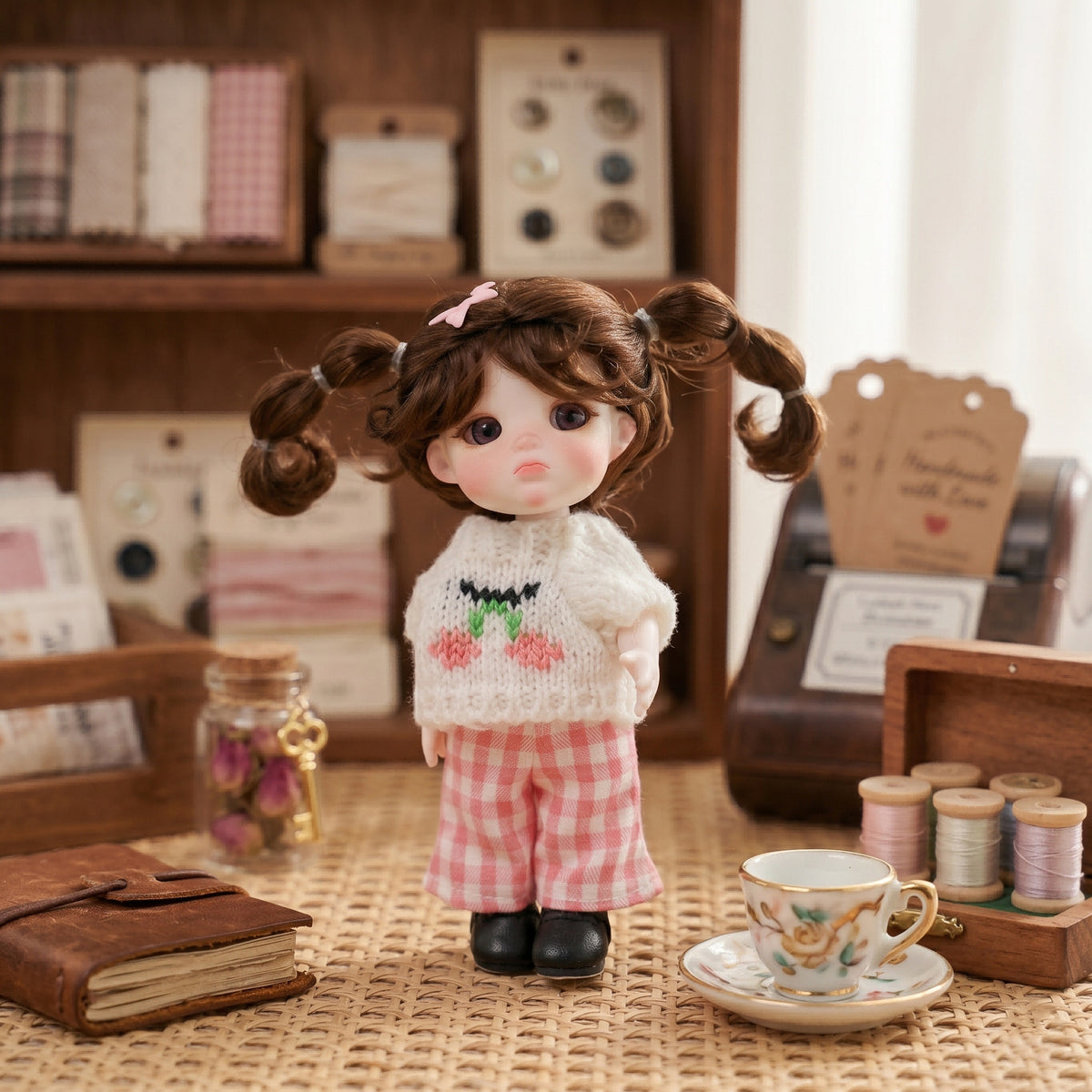 6-Zoll-Mini-Puppe mit Vollkeramik-Körper, süßes Outfit mit Zöpfen und Kirsch-Strickkleidung, sammelbare Tischdeko, Geschenk