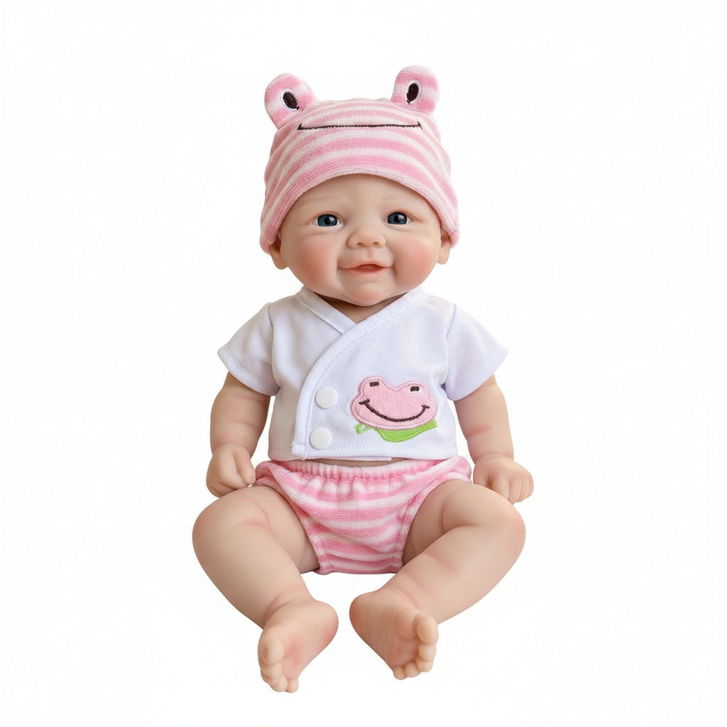 12-Zoll-Reborn-Puppe aus Vollsilikon mit rosa Froschmütze, Simulations-Spielzeugpuppe als Geschenk