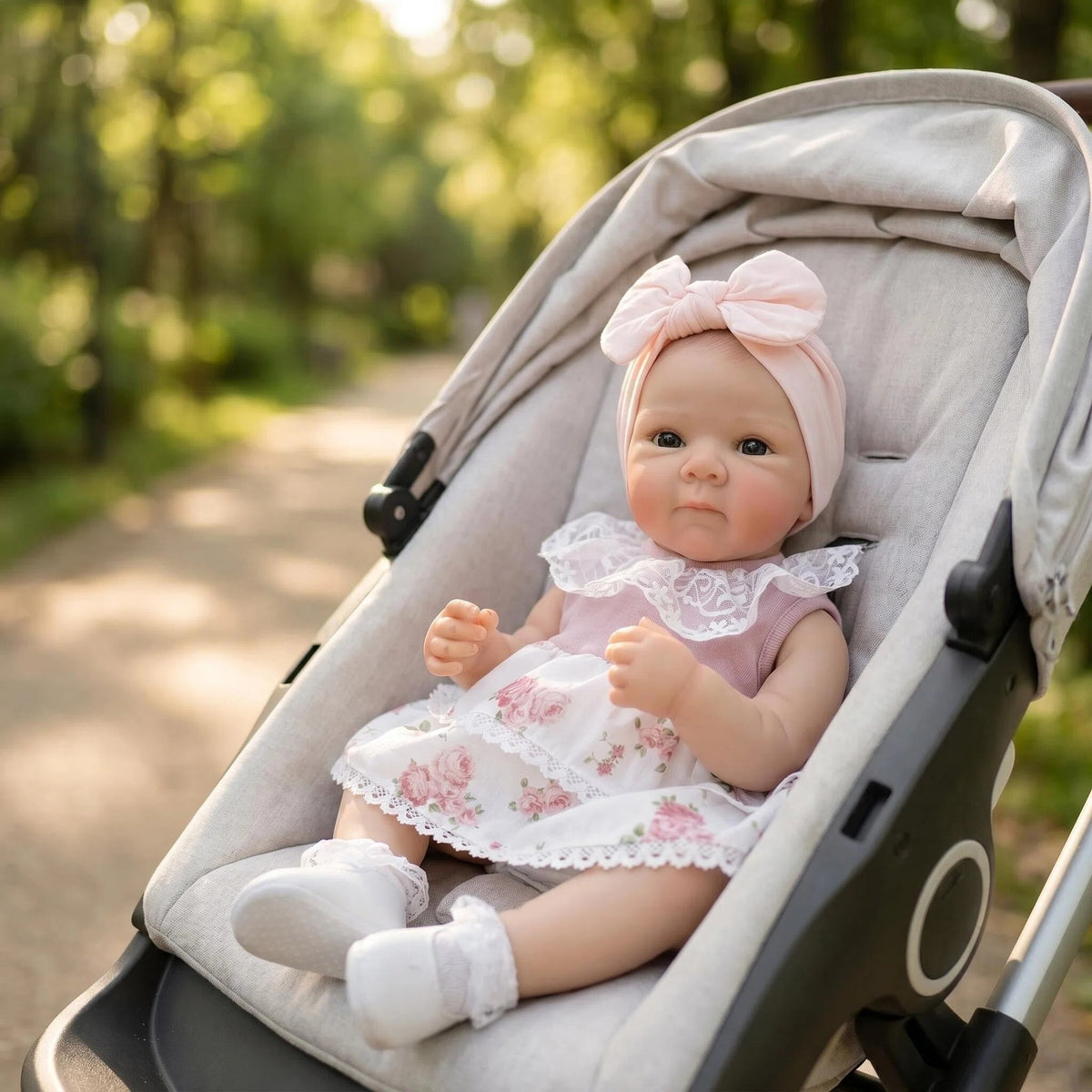 Blumenkleid aus Spitze, 18-Zoll-Reborn-Puppe mit Ganzkörper-Vinyl, großer rosa Turban-Schleife, offenen Augen, realistischer Outdoor-Stil, neugeborenes Sammlerstück
