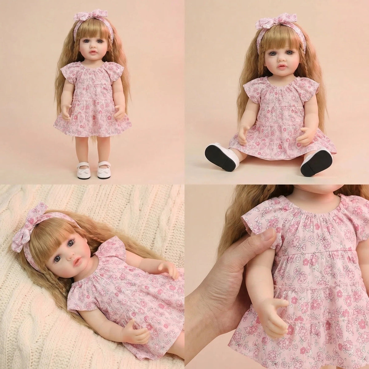 22 Zoll Reborn-Puppe Betty, handgefertigte lebensechte Babypuppe mit Blumenschleife