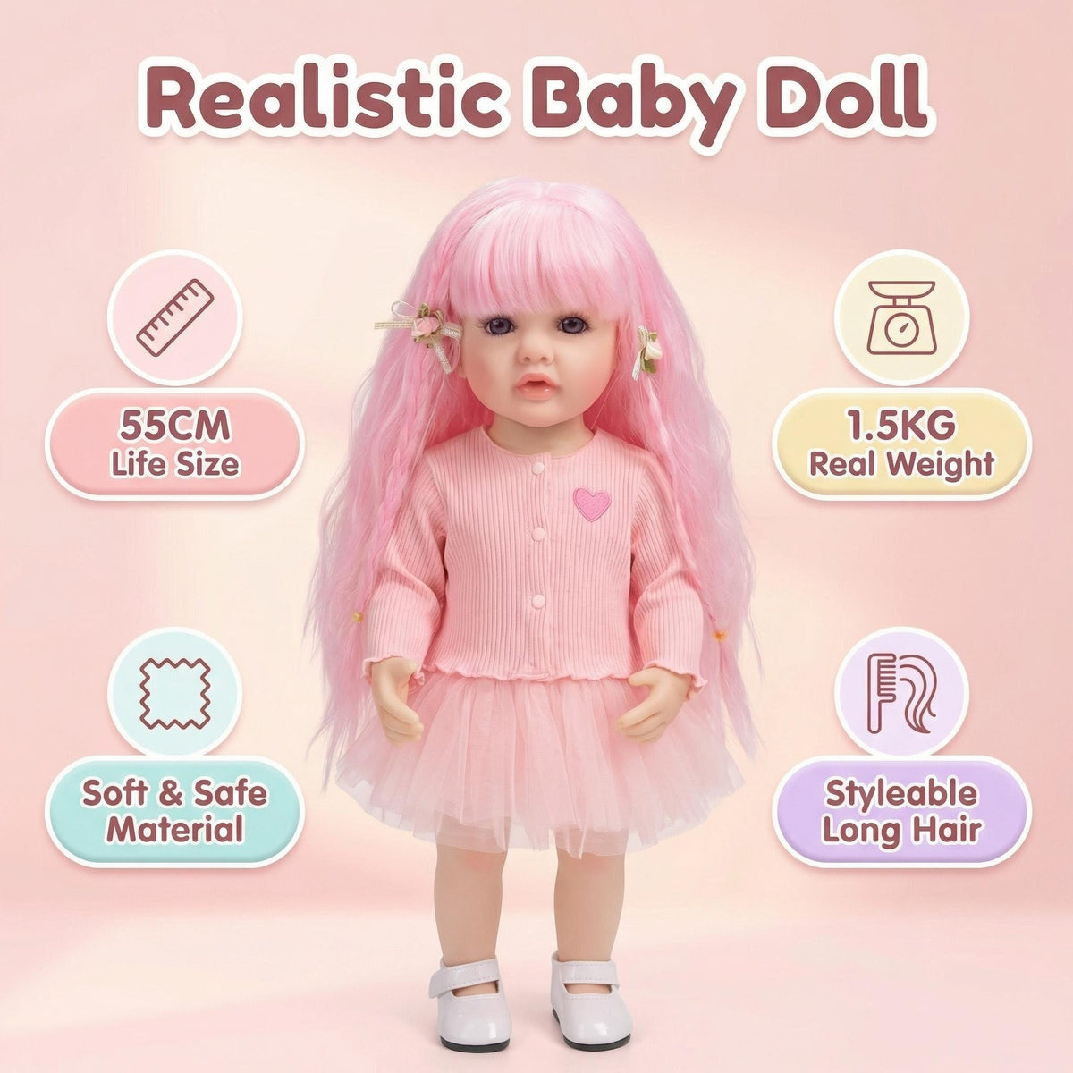 55 cm Ganzkörper-Vinyl-Reborn-Kleinkindpuppe Betty, stehfähig, lebensecht, mit rosa Haaren und 3D-bemalten Adern, realistische Babypuppe