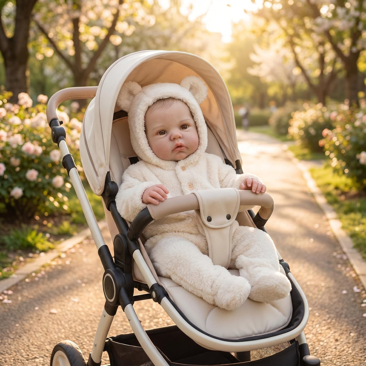 19 Zoll Reborn-Babypuppe mit Stoffkörper, wache Augen, cremefarbener, flauschiger Strampler mit Bärenohren-Kapuze und Füßchen, ideales Geburtstags- oder Weihnachtsgeschenk, kuscheliger Begleiter für Kinder und erwachsene Puppenliebhaber