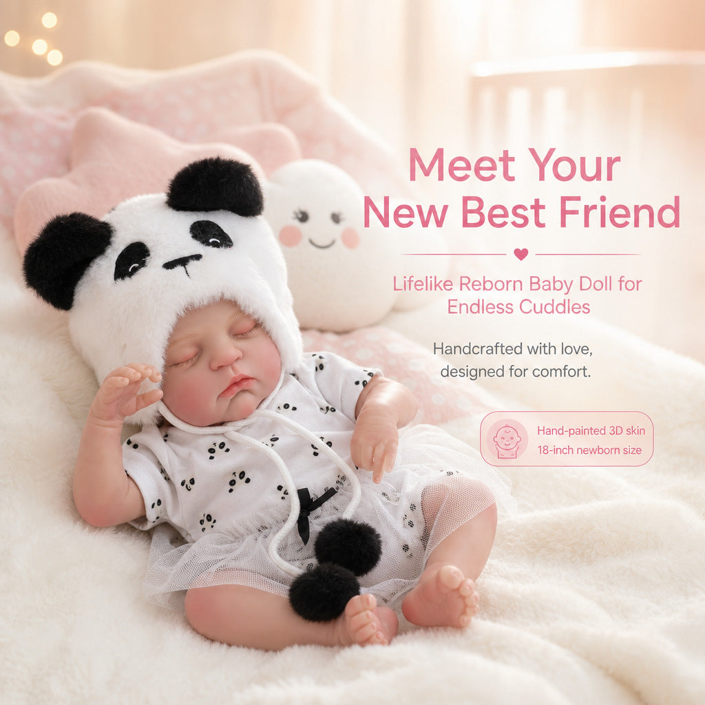 18-Zoll Reborn-Babypuppe mit Stoffkörper, schlafend, in süßem Panda-Outfit, Begleitgeschenk für Geburtstage und Feiertage