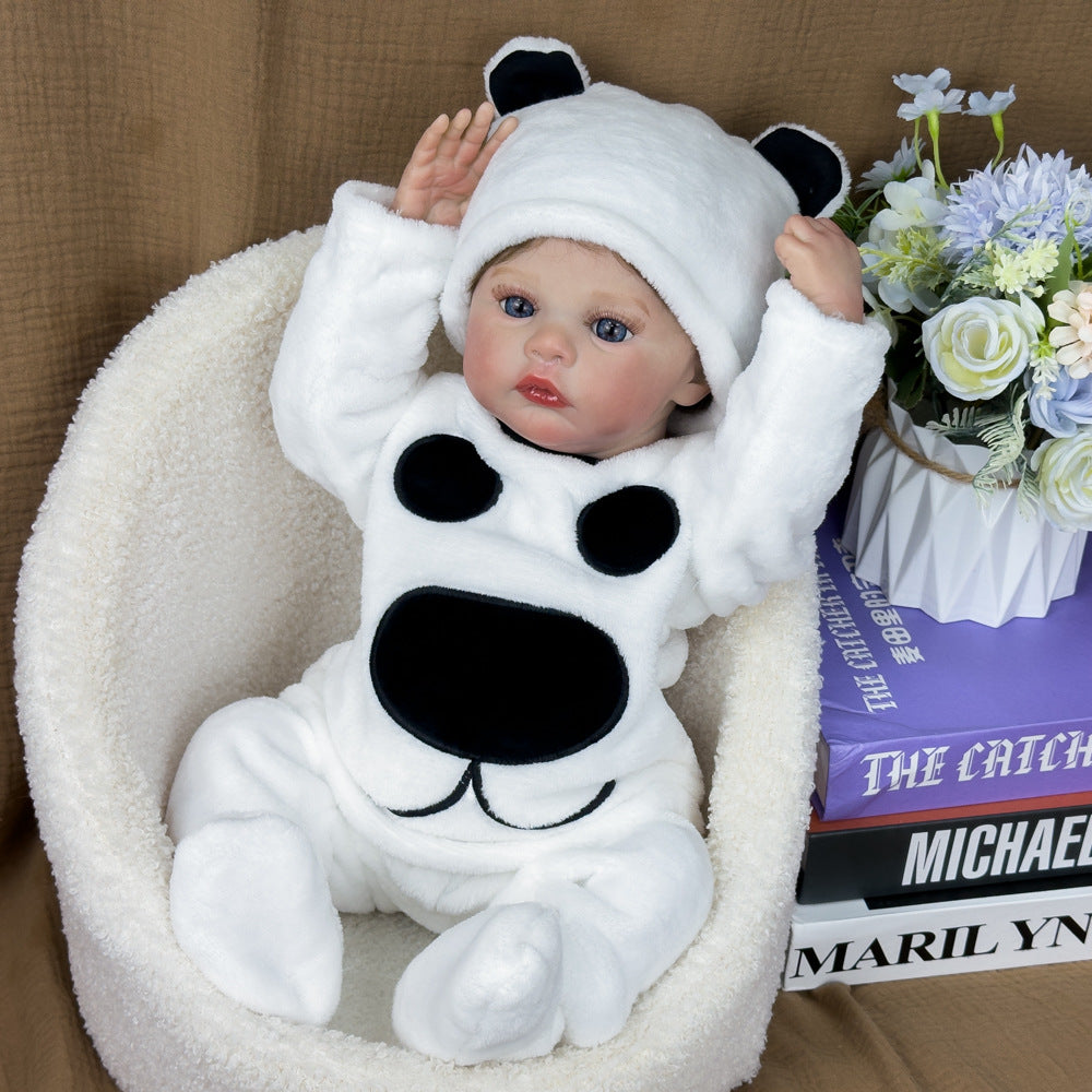 18-Zoll realistische Babypuppe aus Vollvinyl, flauschiger Panda-Strampler, zeitloses Andenken für Geburtstage und die festliche Geschenksaison