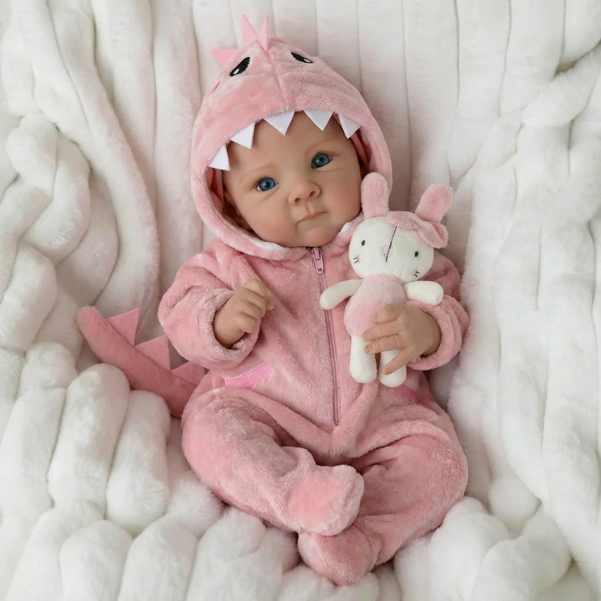 18-Zoll-Reborn-Puppe Bettie aus Vollvinyl im rosa Dinosaurier-Einteiler