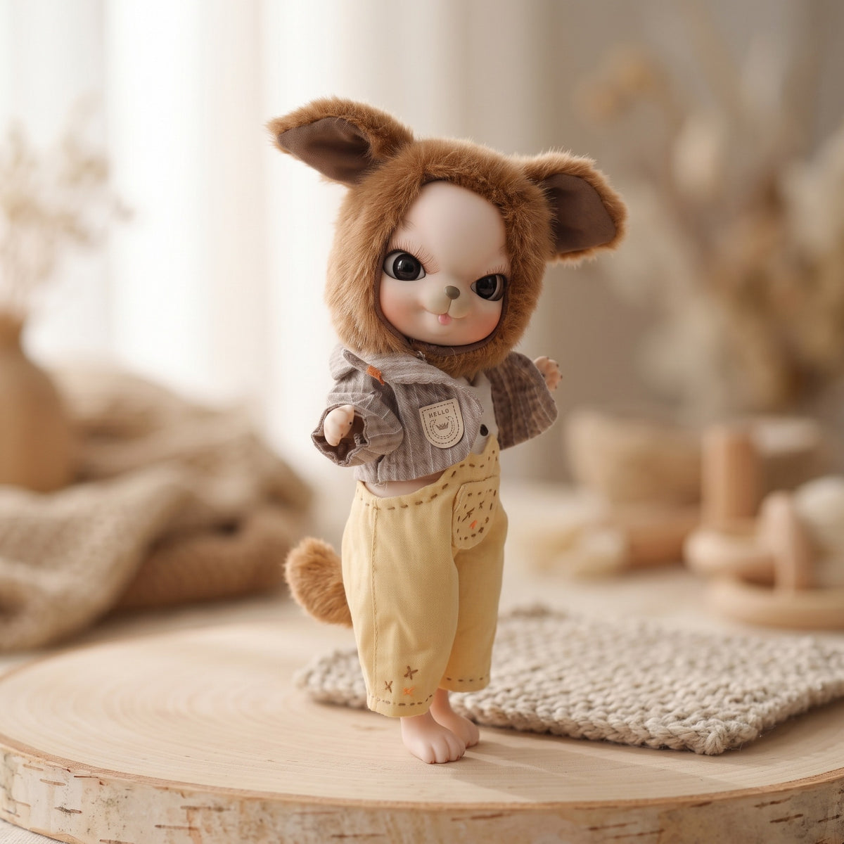 10 Zoll süßes Tier mit vollkeramischem Kugelgelenkkörper und flauschiger Ohrenmütze, Reborn-Babypuppe. Outfit Sammlerstück Dekor Geschenk