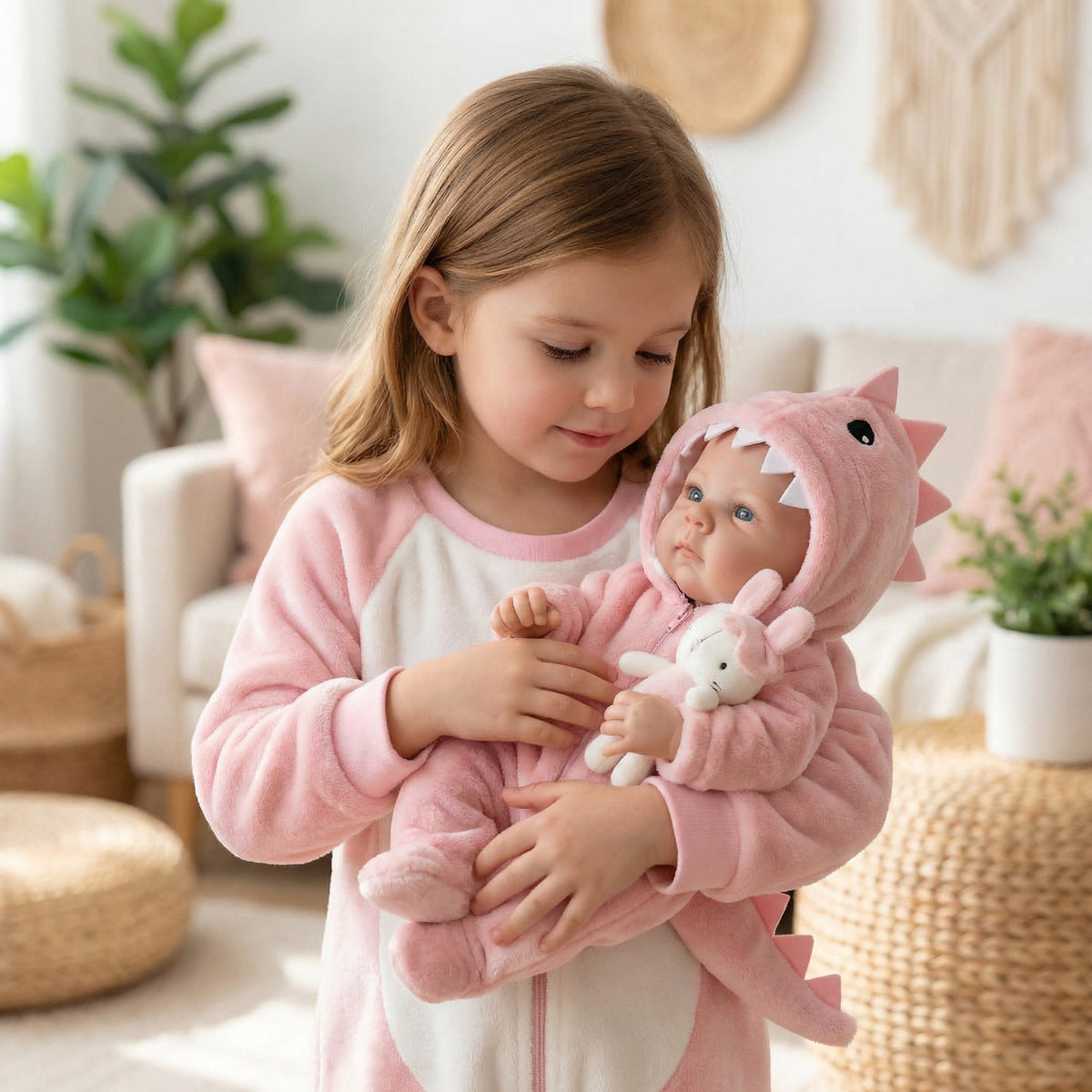 18-Zoll-Reborn-Puppe Bettie aus Vollvinyl im rosa Dinosaurier-Einteiler
