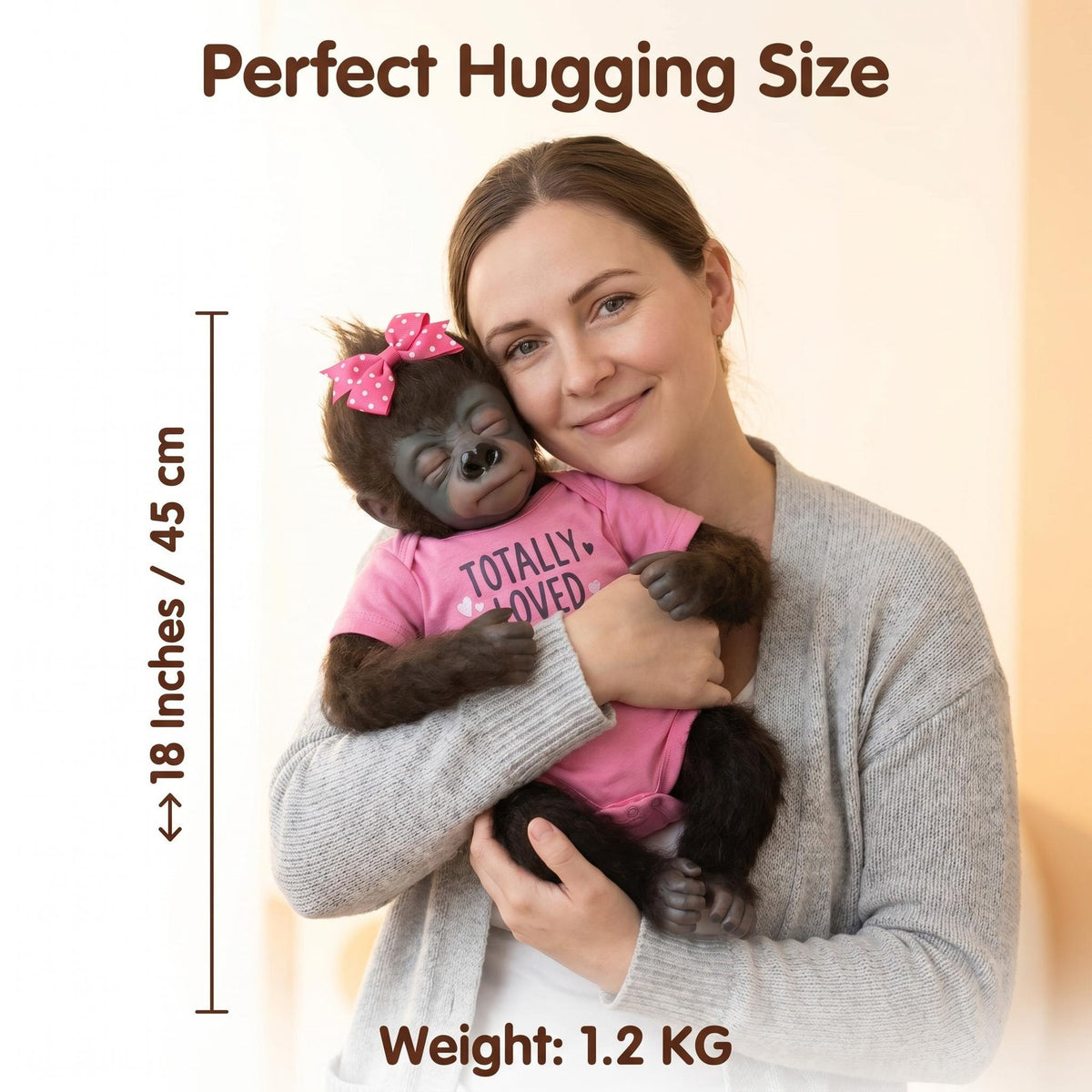 Realistische 45 cm Reborn-Affenpuppe im Tier-Design mit Stoffkörper, geschlossenen Augen und fellartiger Haut