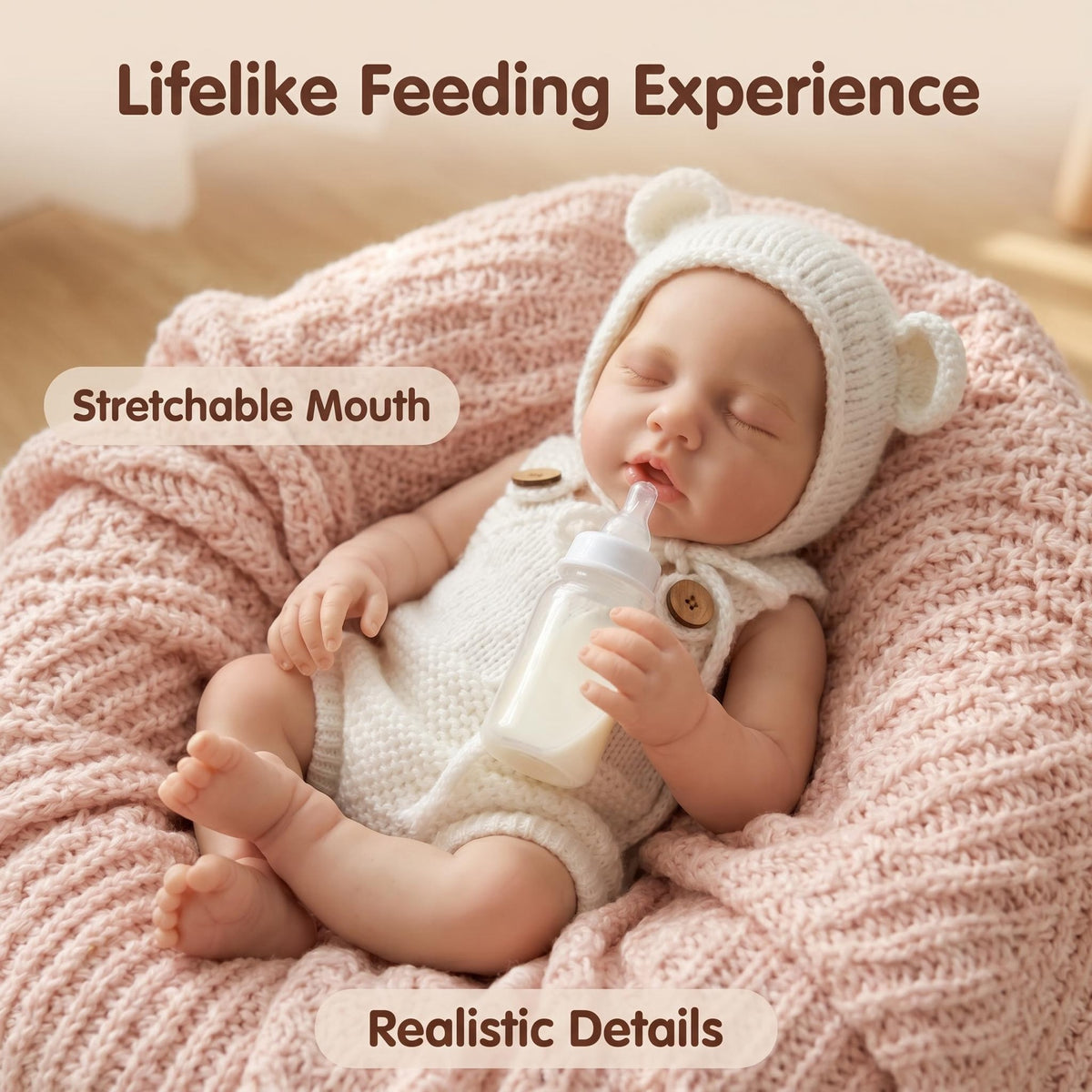 12-Zoll-Puppe aus Vollsilikon, neutrales handgestricktes Bären-Outfit, perfekte Geschenkidee für Babypartys, Thanksgiving, Valentinstag und verschiedene Feiertage