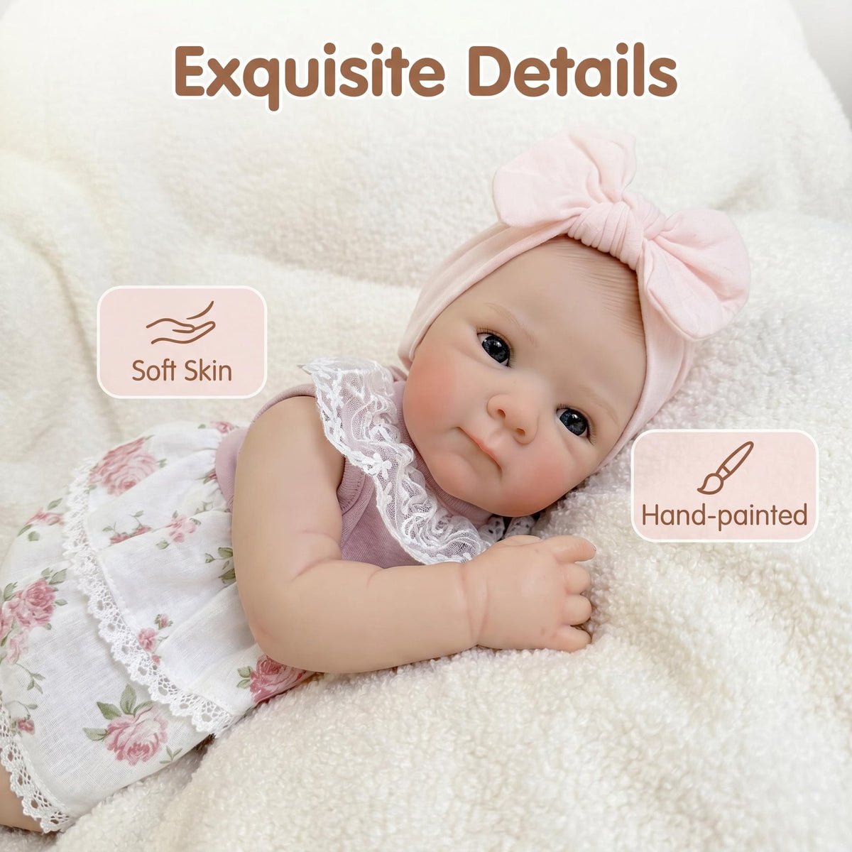 Blumenkleid aus Spitze, 18-Zoll-Reborn-Puppe mit Ganzkörper-Vinyl, großer rosa Turban-Schleife, offenen Augen, realistischer Outdoor-Stil, neugeborenes Sammlerstück