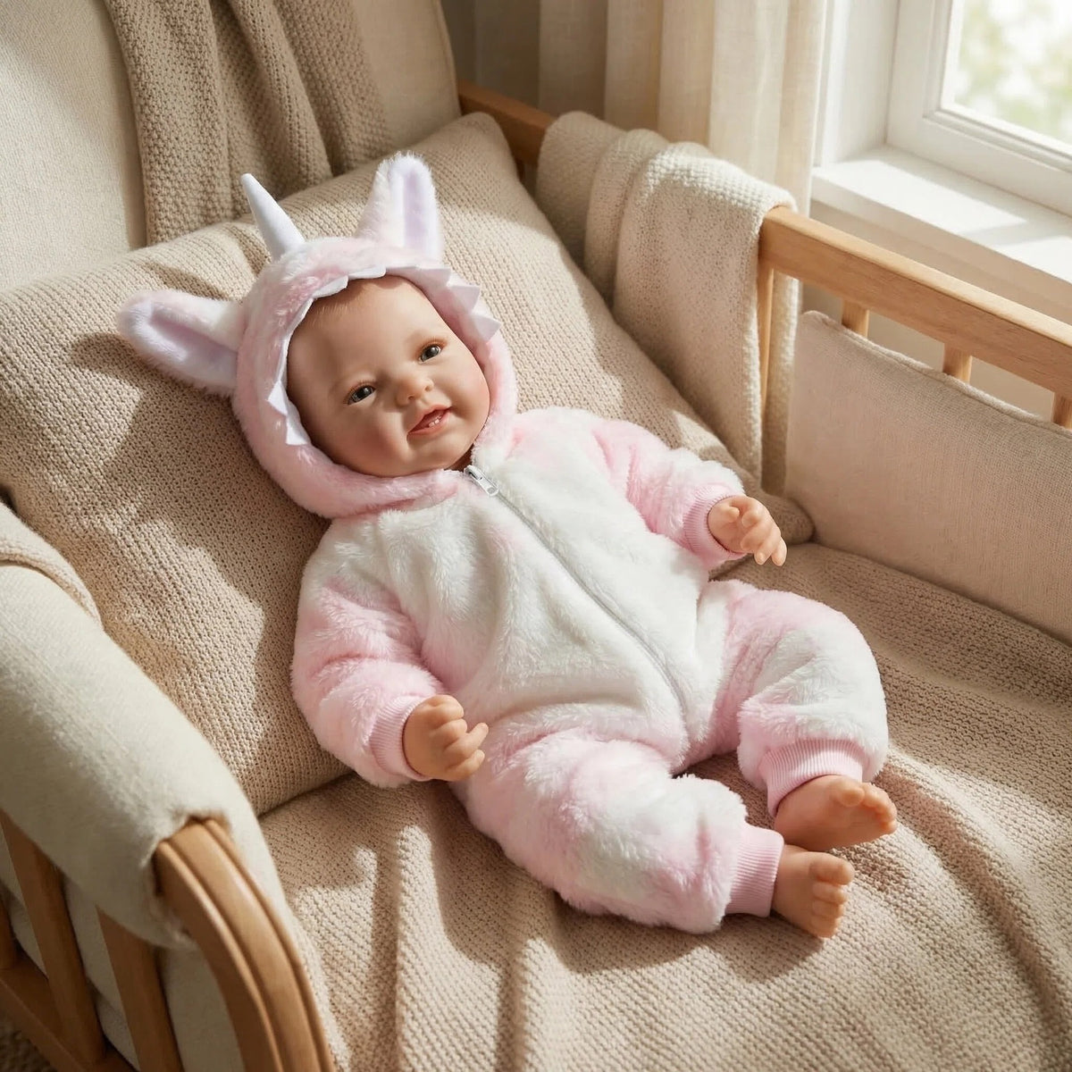 17 Zoll (ca. 43 cm) große Ha Yi Reborn-Puppe im rosafarbenen Plüsch-Einteiler