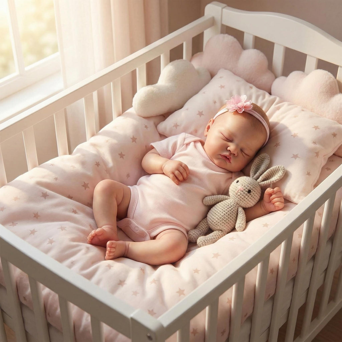 Realistische schlafende Babypuppe, 48 cm, mit Stoffkörper und Blumen-Stirnband, Begleitspielzeug geeignet für Fotoshootings im Kinderzimmer und als Geschenk für jeden Anlass