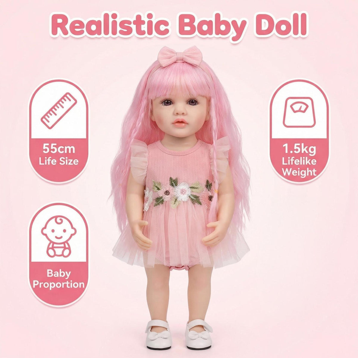 22 Zoll Betty Ganzkörper-Vinyl-Reborn-Puppe, lebensecht, rosa lockiges Haar, Mädchen, realistische 3D-Haut mit sichtbaren Adern, handgefertigte Puppe