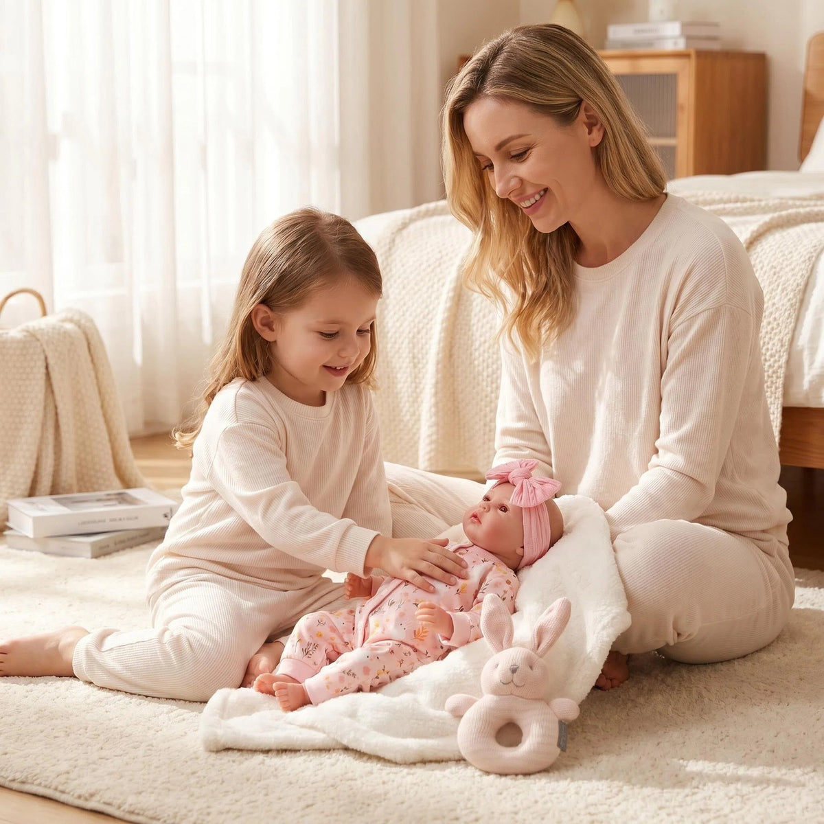 Soft Touch 19-Zoll Reborn-Puppe mit vollem Vinylkörper, floralem Hasen-Print-Reißverschluss-Strampler, komplettes süßes Outfit für Rollenspiele & Innendekoration