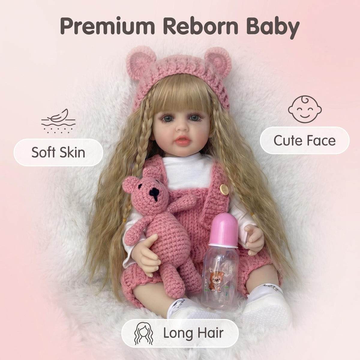 22 Zoll Vollvinyl-Reborn-Puppe mit gestrickter Bärenohrenmütze, lebensechten blauen Augen, erstklassiges Überraschungsgeschenk für Geburtstagsfeiern und Festtage