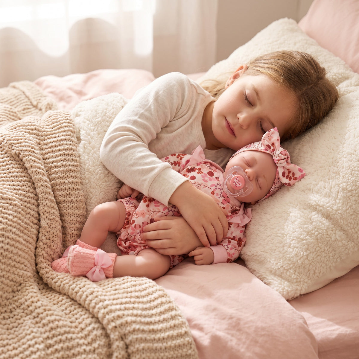 19 Zoll große, süß lächelnde Reborn-Puppe mit Stoffkörper, rosafarbenem Blumen-Outfit, Komfortspielzeug als Geschenk für Feiertage
