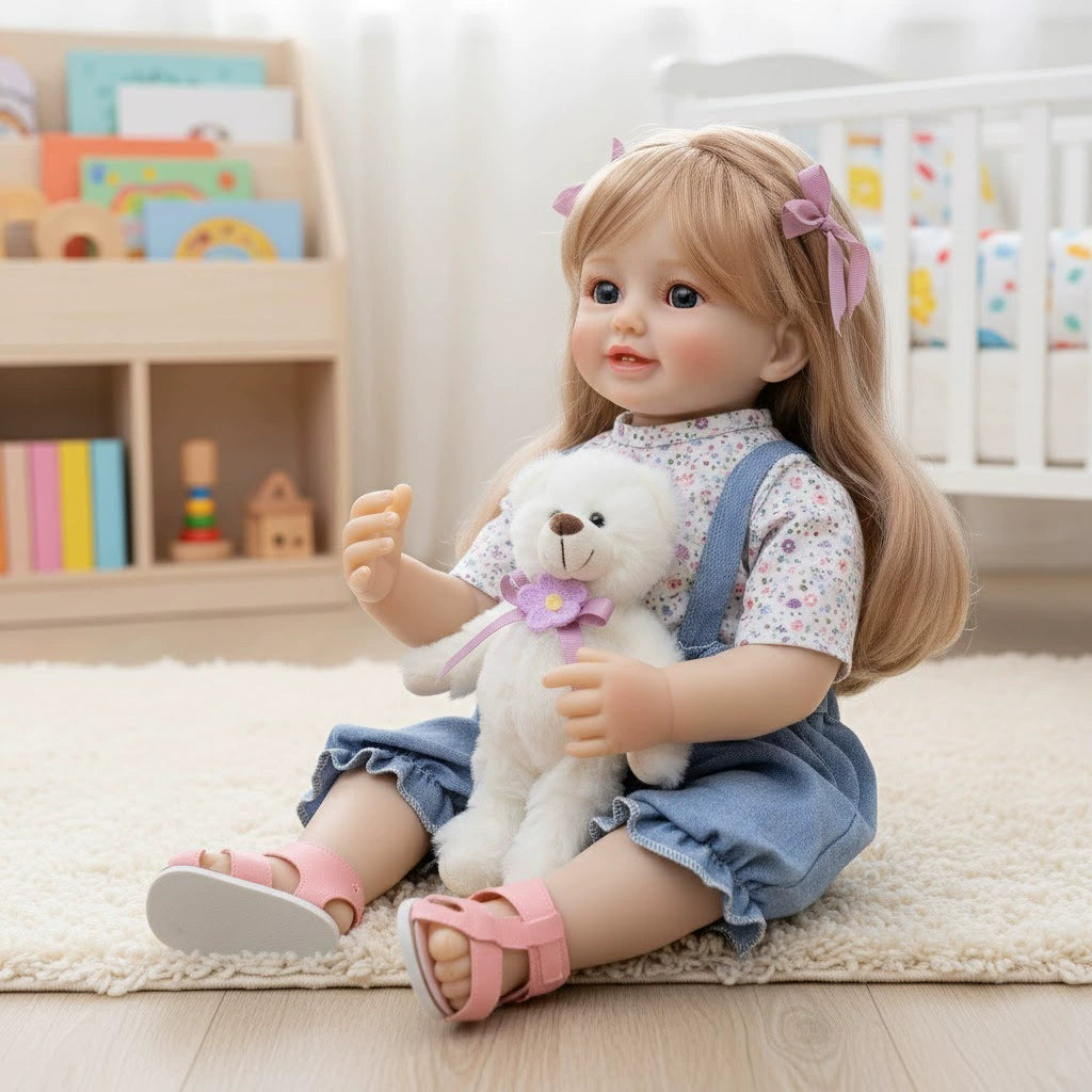22 Zoll/55 cm Neue Reborn-Puppe Simulations-Babypuppe Spielzeug Vollvinyl lebensechte Reborn-Babypuppen mit langem Haar