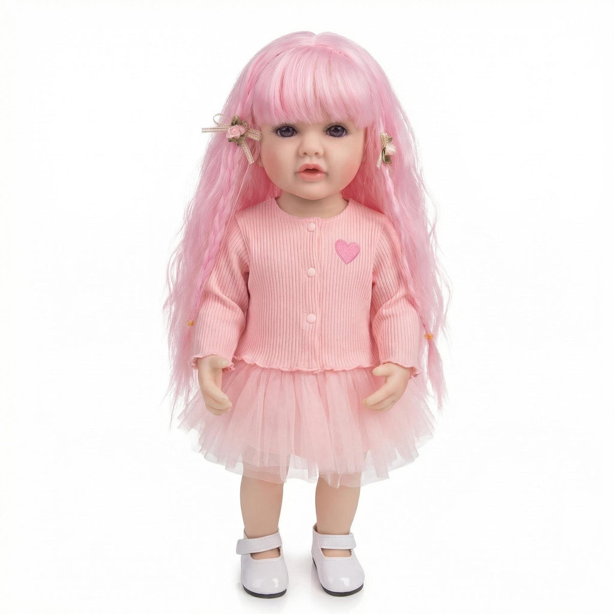 55 cm Ganzkörper-Vinyl-Reborn-Kleinkindpuppe Betty, stehfähig, lebensecht, mit rosa Haaren und 3D-bemalten Adern, realistische Babypuppe